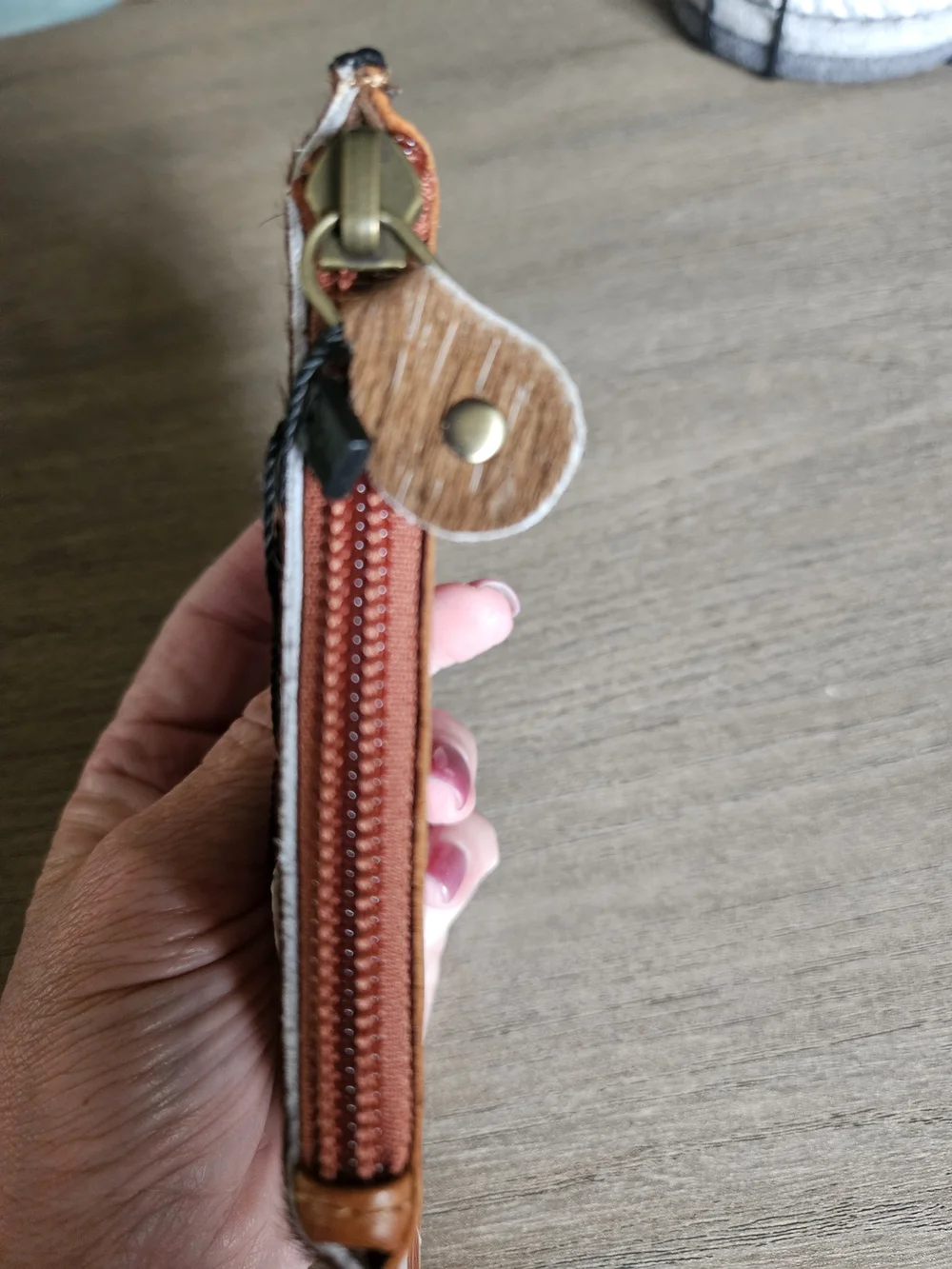 Brown Leather with Cowhide Zip Card Wallet with Black Pig Silhouette-NWT